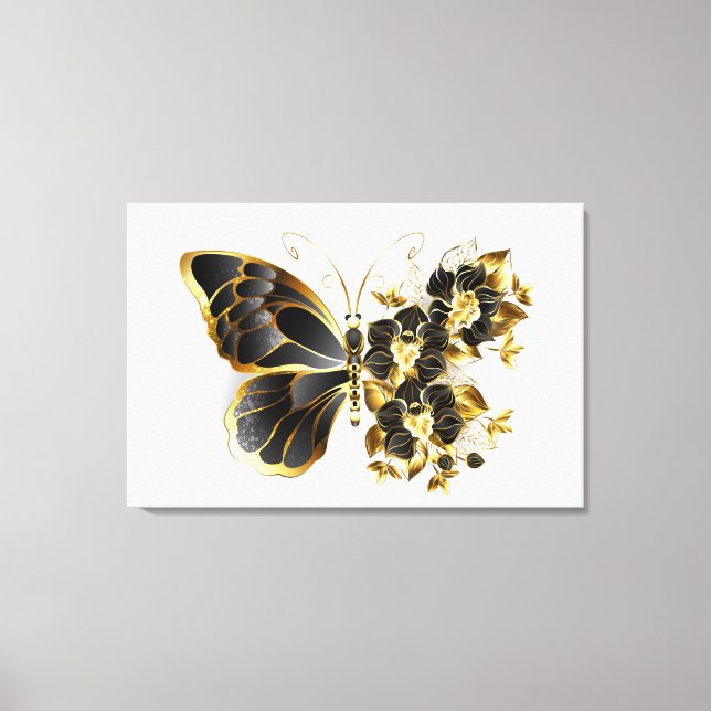 Gold Flower Butterfly with Black Orchid Canvas Print (Front)