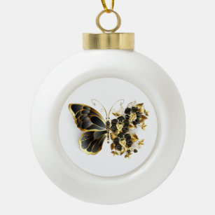 Gold Flower Butterfly with Black Orchid Ceramic Ball Christmas Ornament