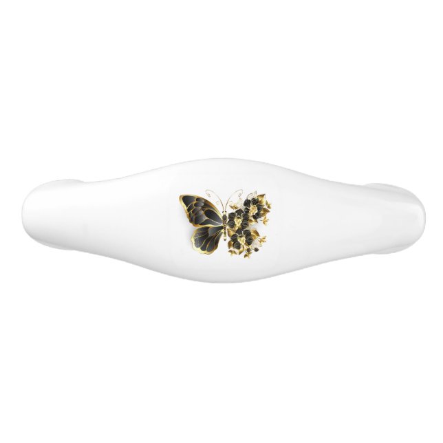 Gold Flower Butterfly with Black Orchid Ceramic Drawer Pull (Front)