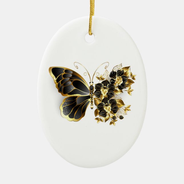 Gold Flower Butterfly with Black Orchid Ceramic Ornament (Front)