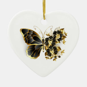 Gold Flower Butterfly with Black Orchid Ceramic Ornament