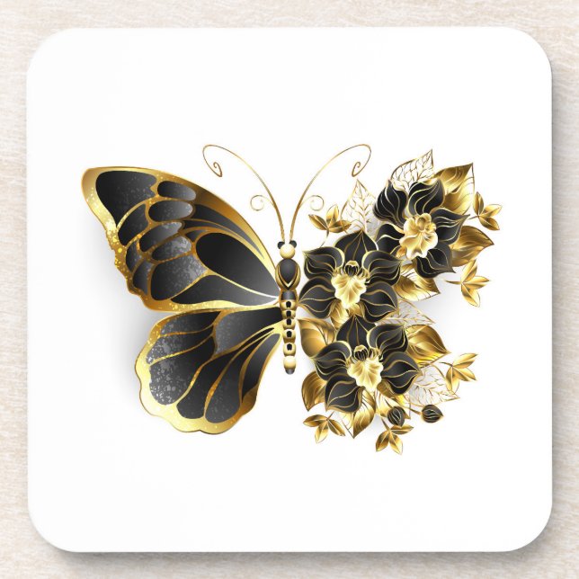 Gold Flower Butterfly with Black Orchid Coaster (Front)