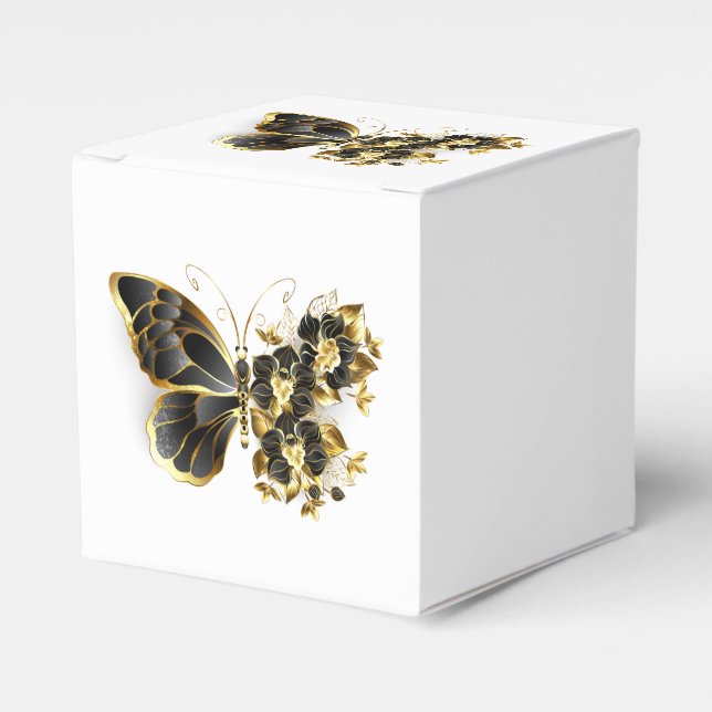 Gold Flower Butterfly with Black Orchid Favor Box (Front Side)