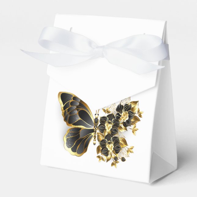Gold Flower Butterfly with Black Orchid Favor Box (Front Side)