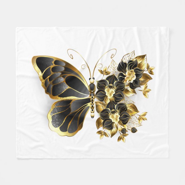 Gold Flower Butterfly with Black Orchid Fleece Blanket (Front (Horizontal))