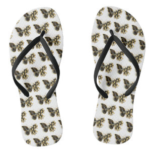 Gold Flower Butterfly with Black Orchid Flip Flops