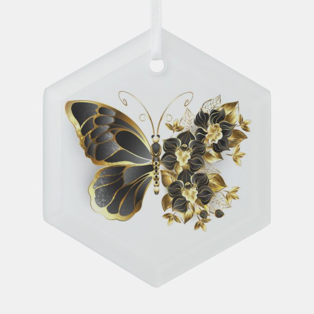 Gold Flower Butterfly with Black Orchid Glass Ornament (Front)
