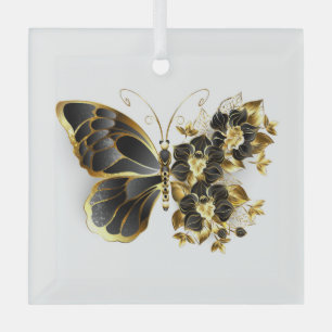 Gold Flower Butterfly with Black Orchid Glass Ornament