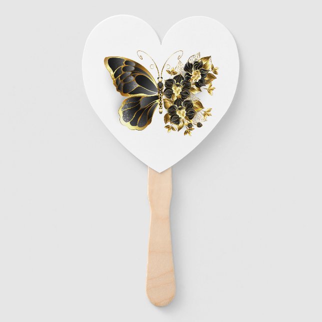 Gold Flower Butterfly with Black Orchid Hand Fan (Front)