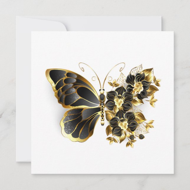 Gold Flower Butterfly with Black Orchid Holiday Card (Front)