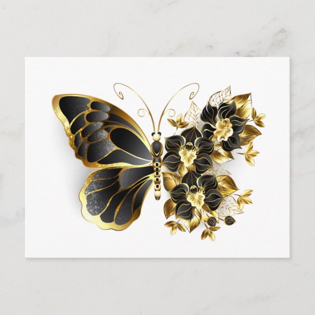 Gold Flower Butterfly with Black Orchid Holiday Postcard (Front)