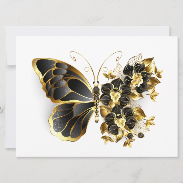 Gold Flower Butterfly with Black Orchid Invitation (Front)