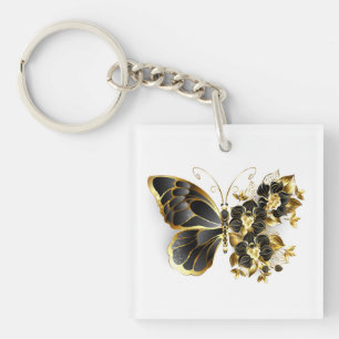 Gold Flower Butterfly with Black Orchid Keychain