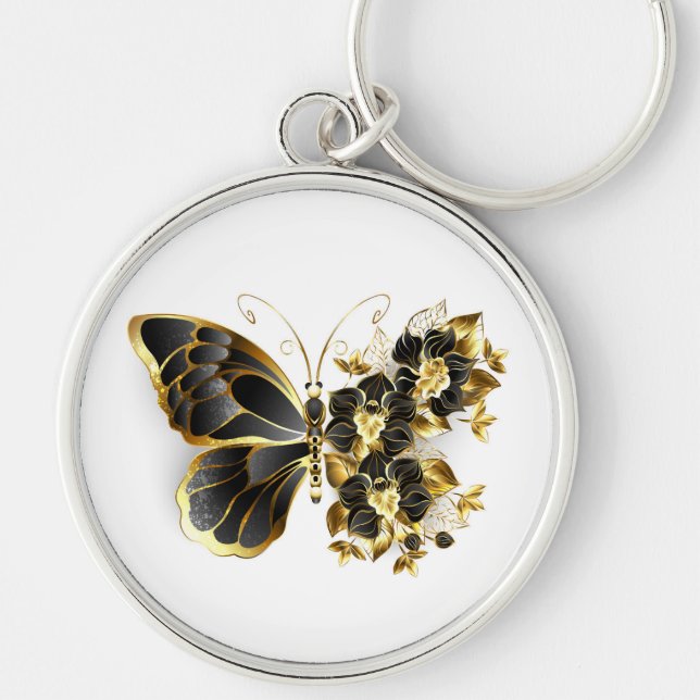 Gold Flower Butterfly with Black Orchid Keychain (Front)