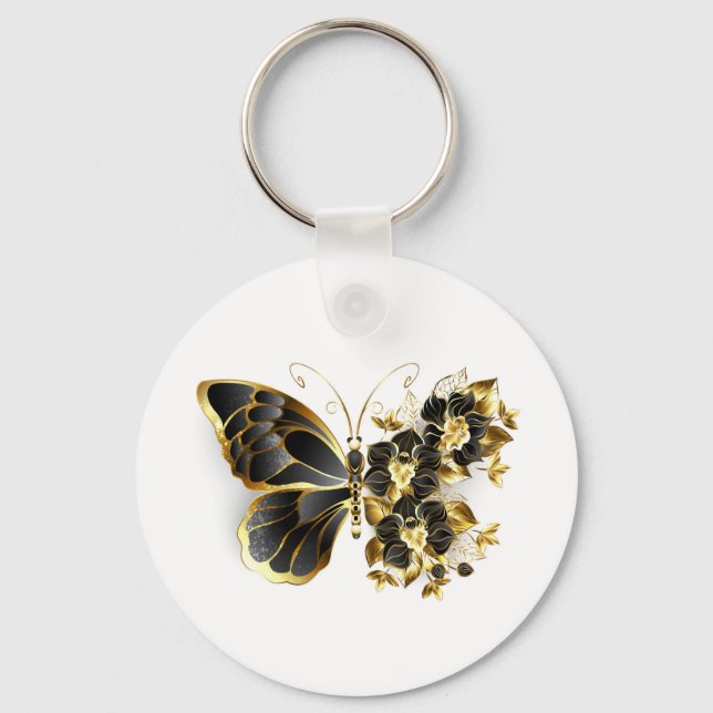 Gold Flower Butterfly with Black Orchid Keychain (Front)