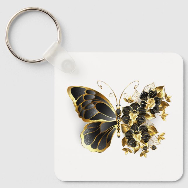 Gold Flower Butterfly with Black Orchid Keychain (Front)