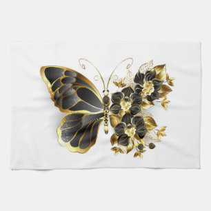 Gold Flower Butterfly with Black Orchid Kitchen Towel