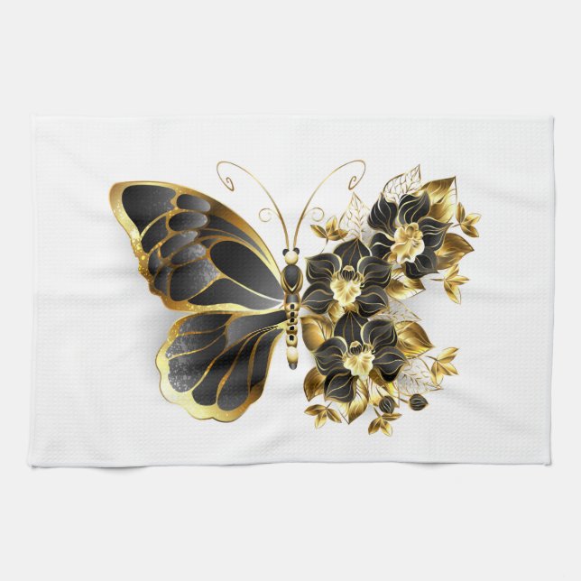 Gold Flower Butterfly with Black Orchid Kitchen Towel (Horizontal)