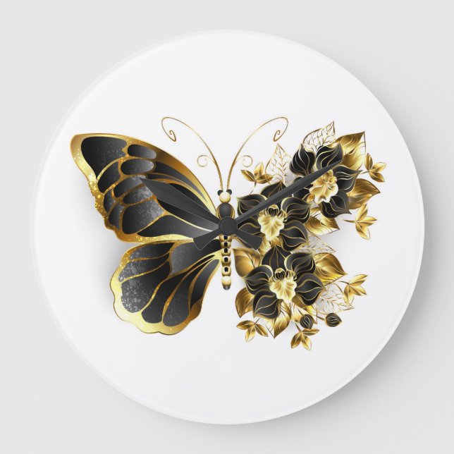Gold Flower Butterfly with Black Orchid Large Clock (Front)