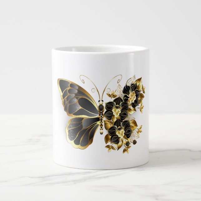 Gold Flower Butterfly with Black Orchid Large Coffee Mug (Front)