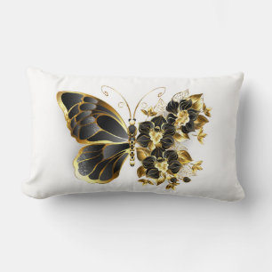 Gold Flower Butterfly with Black Orchid Lumbar Pillow