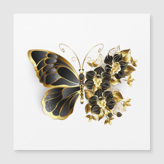 Gold Flower Butterfly with Black Orchid Magnetic Invitation (Front)