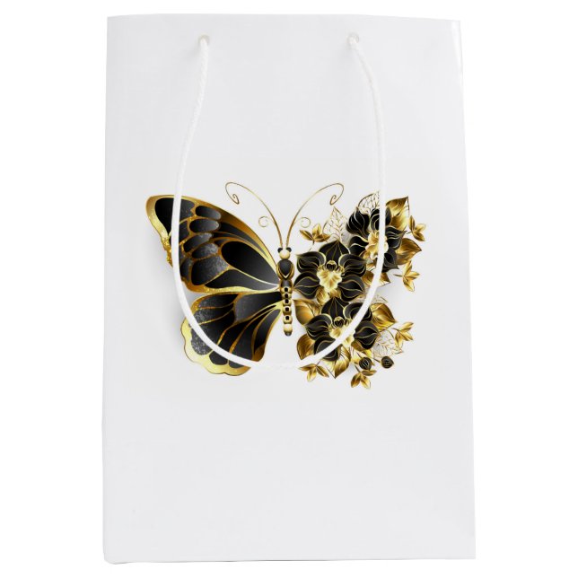 Gold Flower Butterfly with Black Orchid Medium Gift Bag (Front)