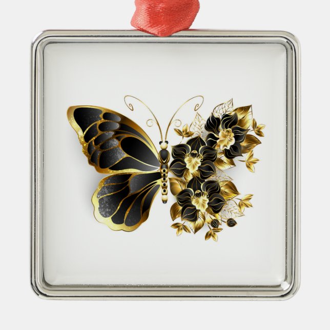 Gold Flower Butterfly with Black Orchid Metal Ornament (Front)