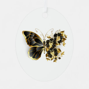 Gold Flower Butterfly with Black Orchid Metal Ornament