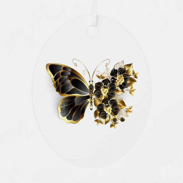 Gold Flower Butterfly with Black Orchid Metal Ornament (Front)