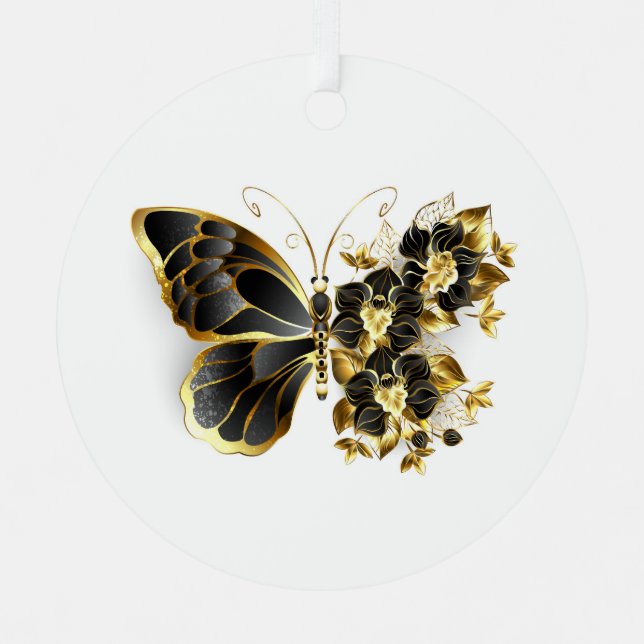 Gold Flower Butterfly with Black Orchid Metal Ornament (Front)
