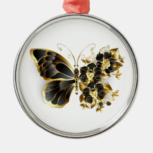Gold Flower Butterfly with Black Orchid Metal Ornament