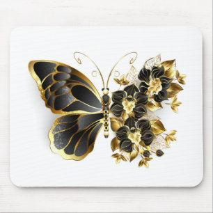 Gold Flower Butterfly with Black Orchid Mouse Pad