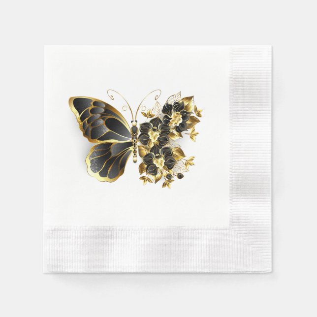 Gold Flower Butterfly with Black Orchid Napkin (Front)