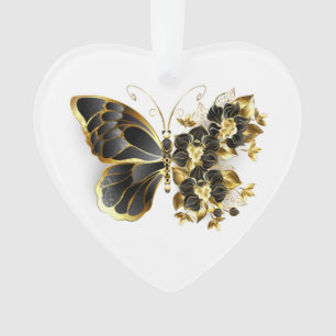 Gold Flower Butterfly with Black Orchid Ornament