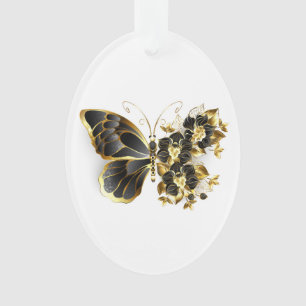 Gold Flower Butterfly with Black Orchid Ornament
