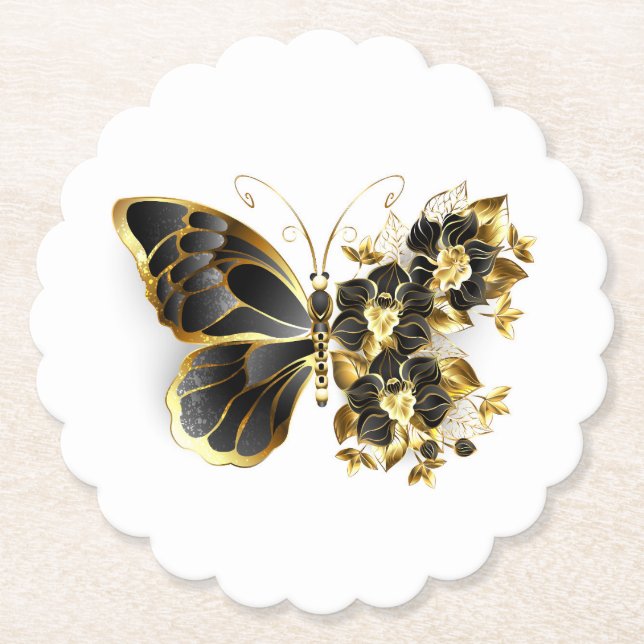 Gold Flower Butterfly with Black Orchid Paper Coaster (Front)