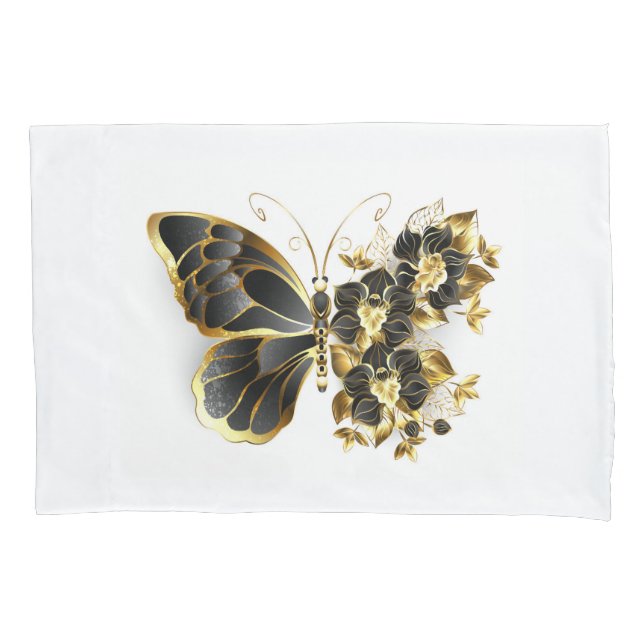 Gold Flower Butterfly with Black Orchid Pillowcase (Front-Left)