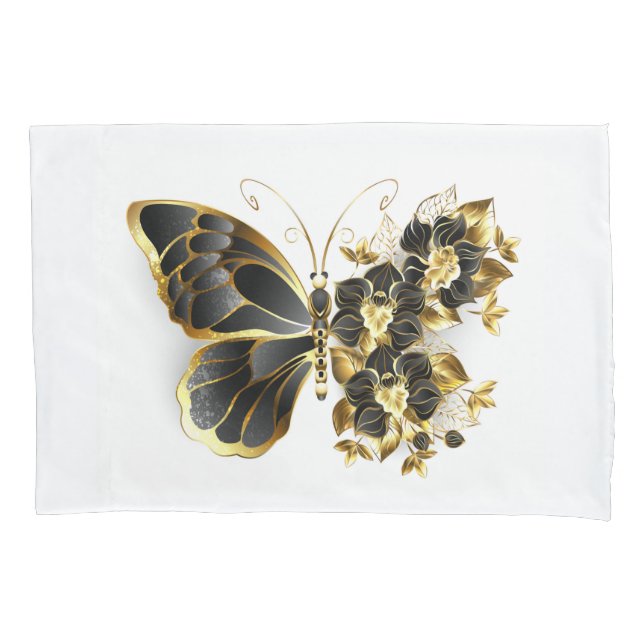 Gold Flower Butterfly with Black Orchid Pillowcase (Front)