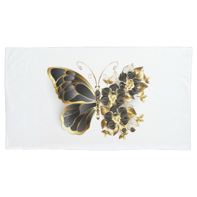 Gold Flower Butterfly with Black Orchid Pillowcase (Front)