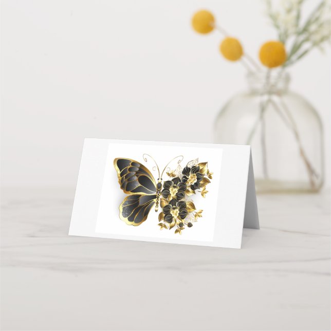 Gold Flower Butterfly with Black Orchid Place Card (Front)