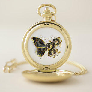 Gold Flower Butterfly with Black Orchid Pocket Watch