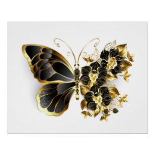 Gold Flower Butterfly with Black Orchid Poster