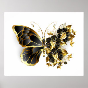 Gold Flower Butterfly with Black Orchid Poster