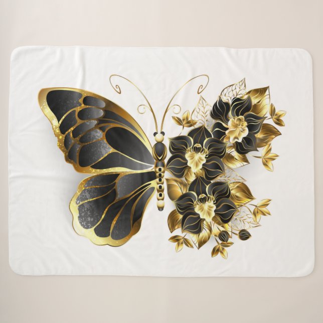 Gold Flower Butterfly with Black Orchid Sherpa Blanket (Front (Horizontal))