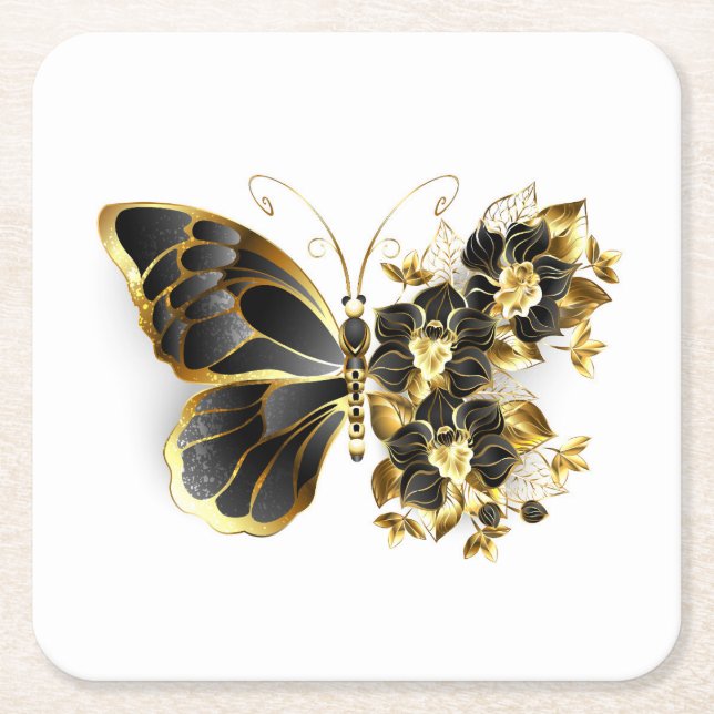 Gold Flower Butterfly with Black Orchid Square Paper Coaster (Front)