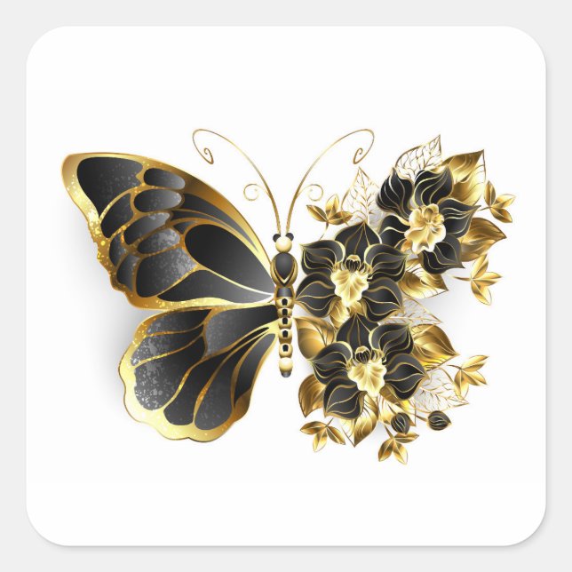 Gold Flower Butterfly with Black Orchid Square Sticker (Front)