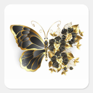 Gold Flower Butterfly with Black Orchid Square Sticker
