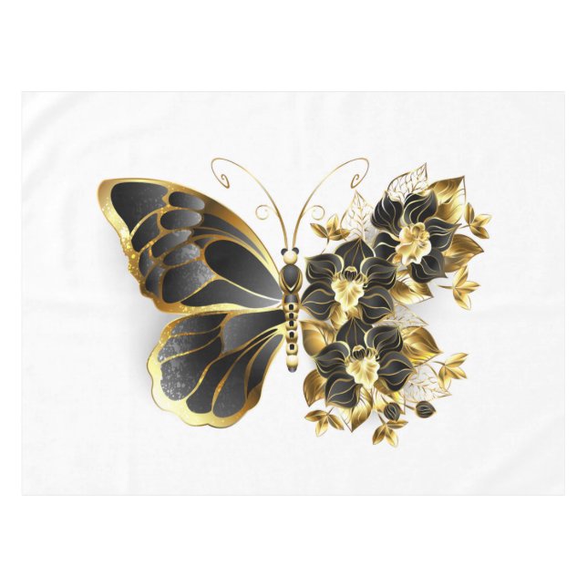 Gold Flower Butterfly with Black Orchid Tablecloth (Front (Horizontal))