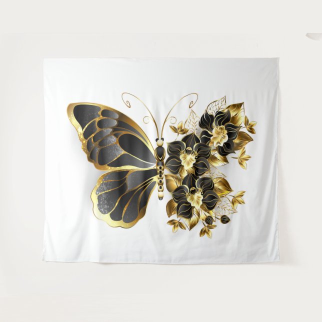 Gold Flower Butterfly with Black Orchid Tapestry (Front (Horizontal))